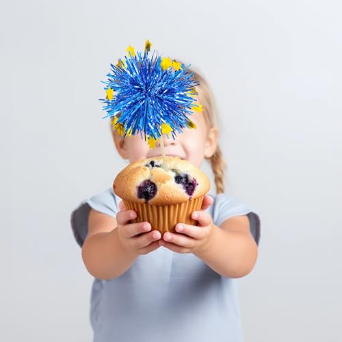 30Pcs Foil Firework Cupcake Toppers Firework Cake Toppers Tinsel Flower Drink Stirrers Cocktail Food Fruit Toothpicks for Valentine's Day Party Decorations Blue (30 Count)