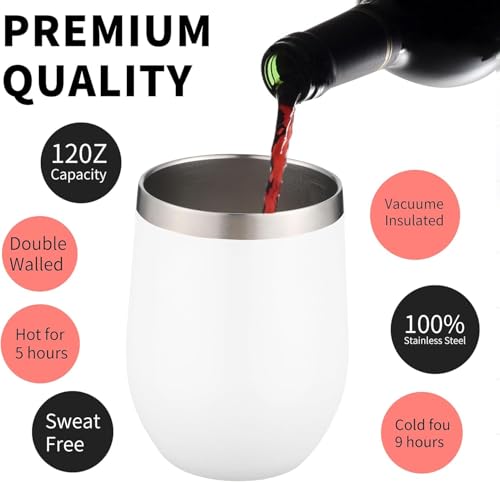 12oz 6 Pack Wine Tumbler Glasses with Lid Stemless Double Wall Vacuum Stainless Steel Travel Tumbler Keeping Cold & Hot for Wine (6 Count)