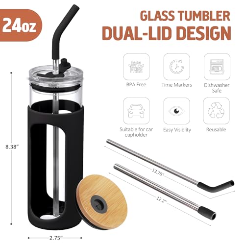 24oz Glass Tumbler with 2 Lids and Straws