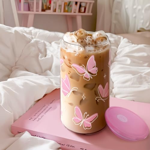 Butterfly 16 Oz Can Glass Tumbler with Acrylic Lid and Straw
