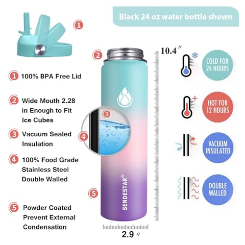 Stainless Steel Wide Mouth Water Bottle 24oz Double Wall Vacuum Insulated Leak Proof Bottle with New Flex Straw Lid & Spout Lid