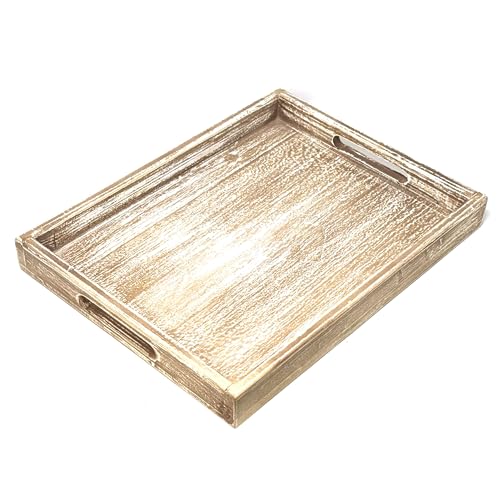 Wooden Tray 17"x13"x2" Vintage Beige Rectangle Stylish Rustic Farmhouse Decor Serving Platter