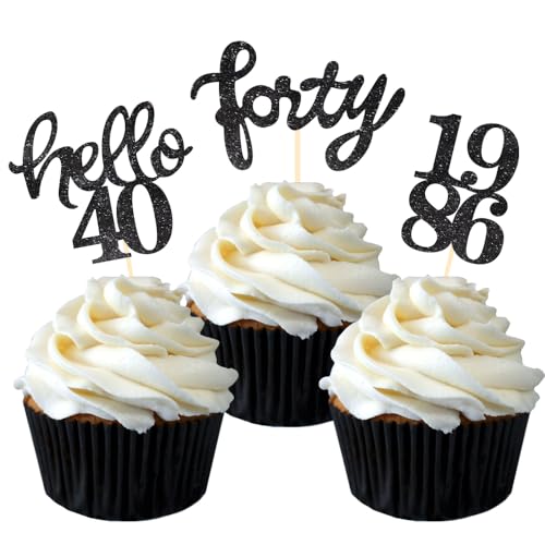 Black Glitter 40th Birthday Cupcake Toppers (24 Count)