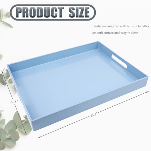Blue Plastic Serving Tray with Handles for Coffee Table