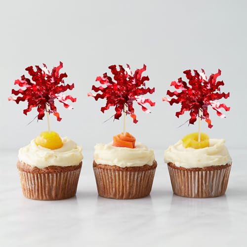 30Pcs Foil Firework Cupcake Toppers Sparkle Tinsel Cake Toppers Tinsel Drink Cake Decoration Cocktail Picks for Birthday Wedding Graduation Party Supplies Red (30 Count)