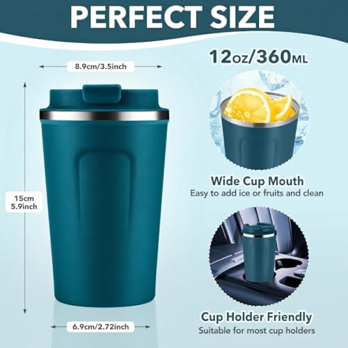 12 oz Double Wall Insulated Vacuum Travel Coffee Mugs with Flip Lid Bulk 2 Pack (2 Count)