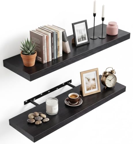 Set of 2 Black MDF Floating Wall Shelves with Hidden Brackets (2 Count)