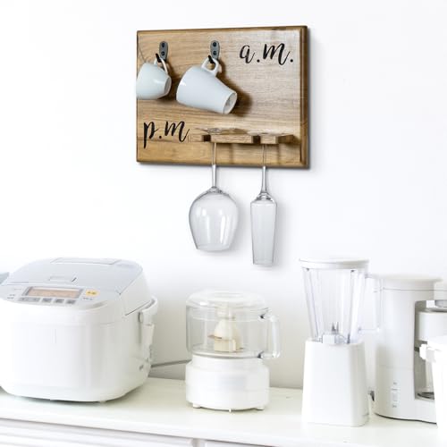 Premium Solid Acacia Wood Wall Mounted Mug and Wine Glass Holder Rack