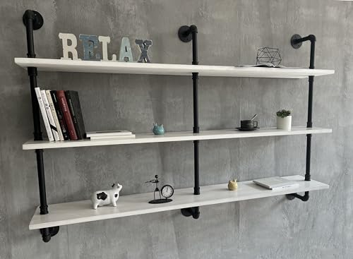 Industrial Pipe Shelving Rustic White Pipe Wall Shelves Industrial Shelves with Wood Planks Floating Shelves 60 Inch Farmhouse Bathroom (3 Count)