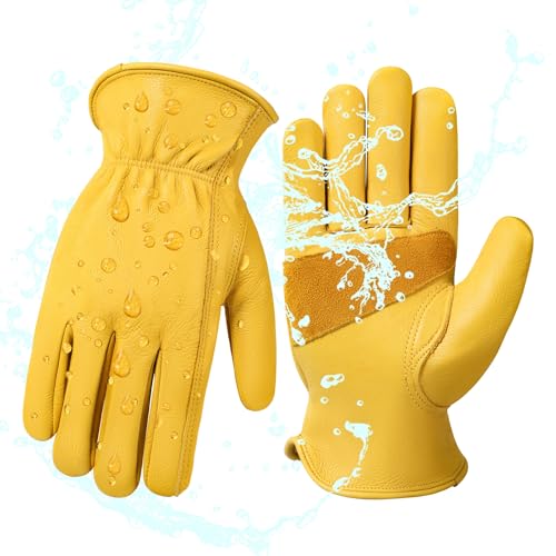 Water Repellent Cowhide Leather Work Gloves for Men 1 Pair Gold L