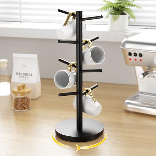 Coffee Mug Holder Tree Upgraded 360Rotated Cup Holder for Counter Black Wood Cup Tree Mug Rack Organizer Stand with 8 Hooks for Kitchen Coffee Bar Accessories