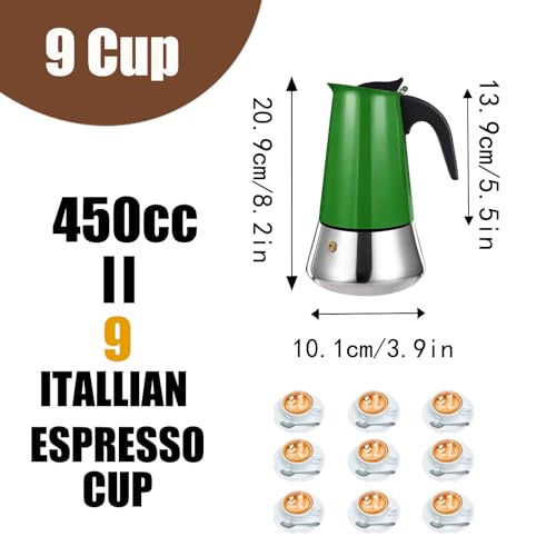 9 Cup Stovetop Espresso Maker Stainless Steel Moka Pot Stove Top Percolator Italian Coffee Makers Capable Mocha Greca Machine Cafe Classic Induction Cookers for Home and Camping 450ml 15oz