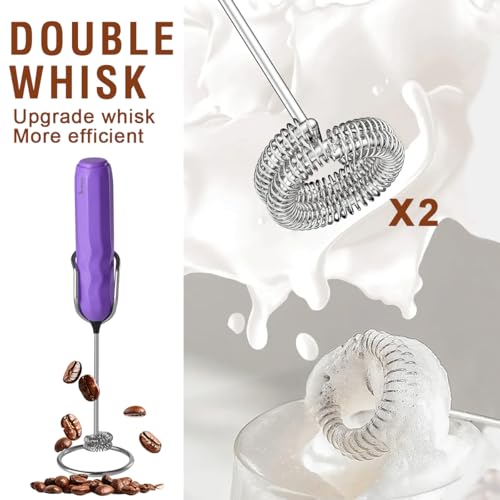 Ultra Fast Handheld Milk Frother Double Whisk with Stand 2 Batteries Stainless Steel for Lattes Cappuccino Matcha Hot Chocolate Coffee Bar Accessories Kitchen Gadgets Gift