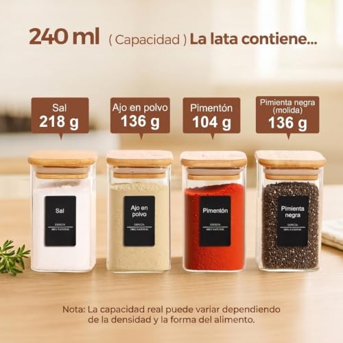Glass Spice Jars with Labels 8 oz 6 Pack Square Bamboo Lids (6 Count)