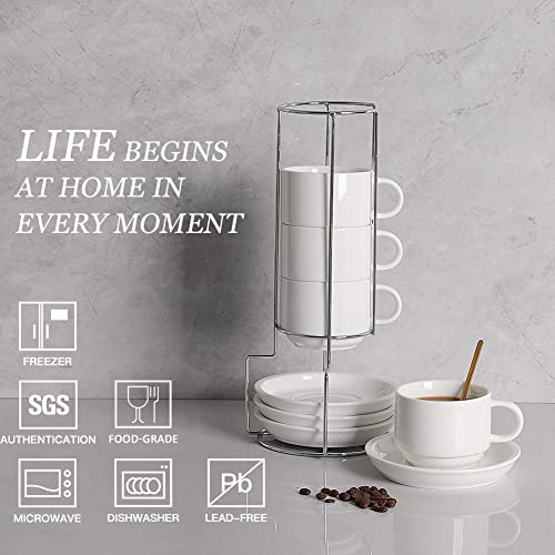 Sweejar Porcelain Cappuccino Cups with Saucers and Metal Stand (4 Count)