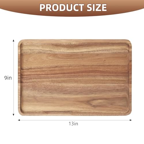 2 PCS Solid Acacia Wood Serving Trays 13 * 9 inch Rectangular Wooden Serving Platters Natural Wooden Boards for Bar Coffee Party（Wood Log Color） (2 Count)