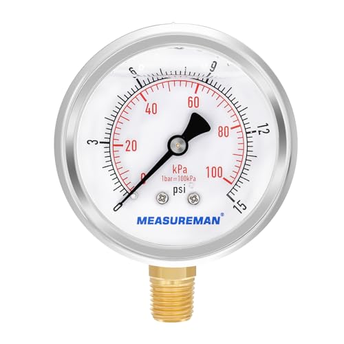2-1/2inch Dial Size, Glycerin Filled Pressure Gauge, 0-15psi/100kpa, 304 Stainless Steel Case, 1/4inch NPT Lower Mount