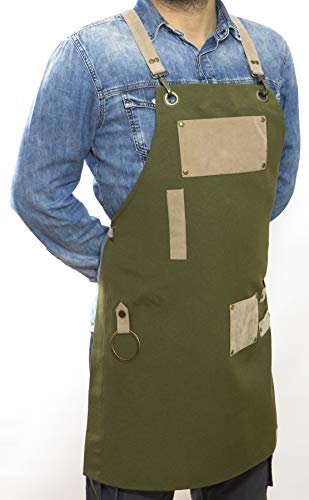 Chef Unisex Waterproof Gardening Apron for Women Men Barista Barbers Hairdresser Crossback Adjustable Cotton Canvas Green