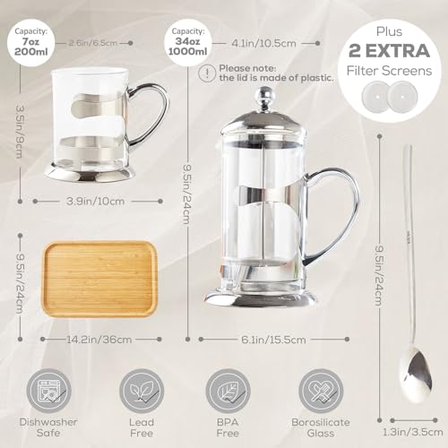 Silver French Press Set with 6 Cups & Tray
