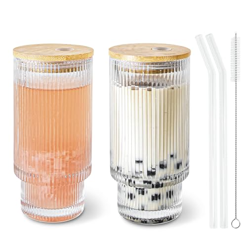 Ribbed Glass Cups with Lids and Straws 16oz Glass Tumbler with Straw (2 Count)
