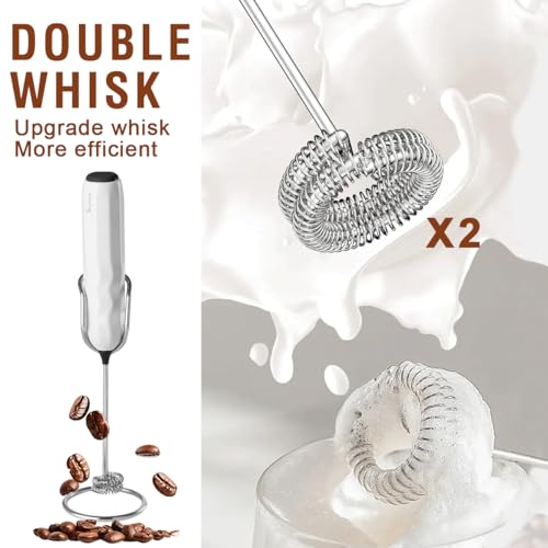 Ultra Fast Handheld Milk Frother Double Whisk with Stand 2 Batteries Stainless Steel for Lattes Cappuccino Matcha Hot Chocolate Coffee Bar Accessories Kitchen Gadgets Gift