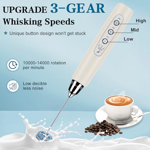 Milk Frother Wand Rechargeable Handheld Whisk Coffee 3 Speed Adjustable