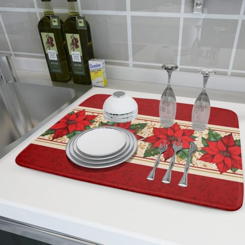Poinsettia Flowers Dish Drying Mat 18"x24" Christmas Red Decorative Dish Drainer Mats Xmas Winter Floral Print Reversible Microfiber Dish Drying Rack Pad for Kitchen Countertop Sink