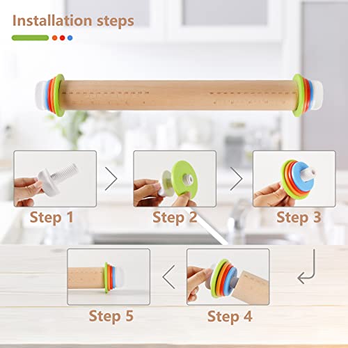 Wood Rolling Pin With 4 Adjustable Thickness Rings