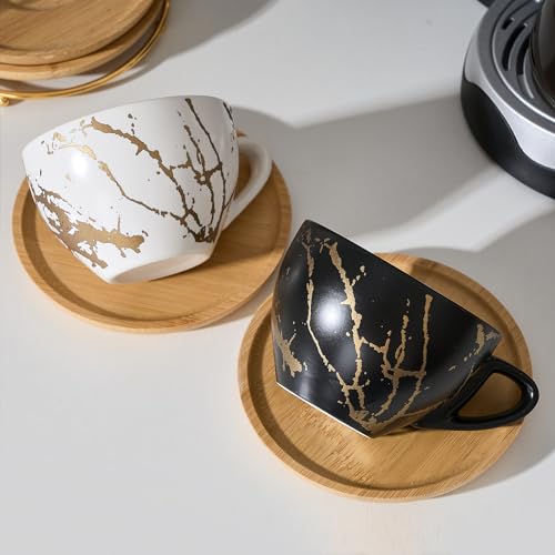 Ceramic Demitasse Espresso Cups Set with Saucers and Metal Stand (4 Count)