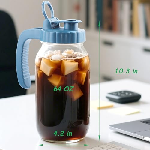 Mason Jar Pitcher With Stainless Steel Filter 64 OZ 2 Pack Wide Mouth Cold Brew Coffee Maker 2 Quart Glass water pitcher with lid Half Gallon Cold hot Tea maker For Lemonade Milk Juice Refrigerator (2 Count)