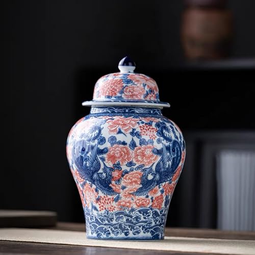 8 inches Phoenix Ginger Jar with Lid red blue Decorative Ceramic
