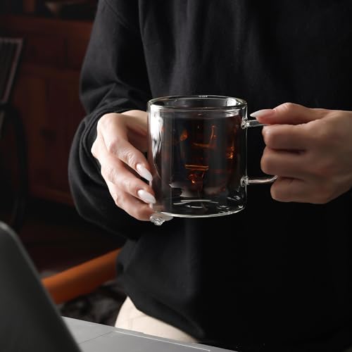 12 OZ Double Walled Glass Coffee Mugs Set of 2 Clear Coffee Cups with Handle 355ml Hand (2 Count)
