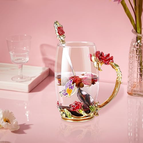 Glass Fancy Tea Cup Set Birthday Christmas Valentine's Day Gift Idea for Tea Lover and Women Novelty Coffee Mugs Rose Flower Enamel Glass Mug with Spoon (2 Count)