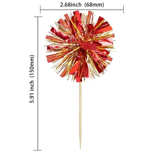 30Pcs Foil Firework Cupcake Toppers Sparkle Tinsel Drink Birthday Cake Decorations Cocktail Food Fruit Toothpick for New Years Wedding Birthday Party Decorations Gold Red (30 Count)