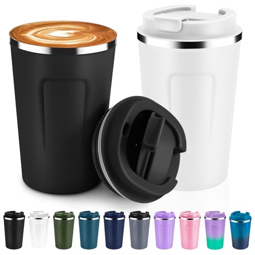 12 oz Double Wall Insulated Vacuum Travel Coffee Mugs with Flip Lid Bulk 2 Pack (2 Count)