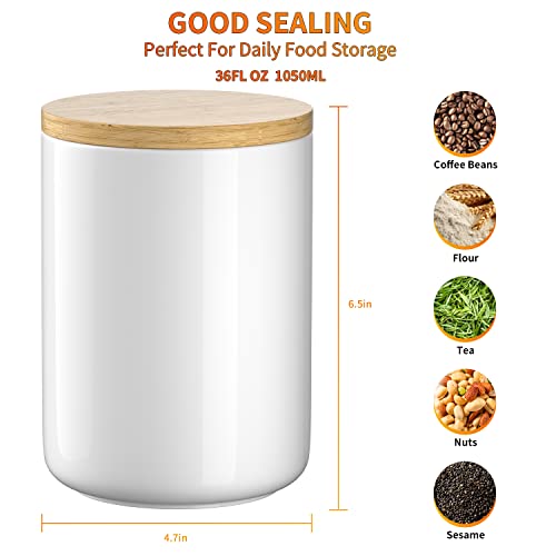 White Ceramic 1050mL 4 cup Food Storage Jar Canister with Airtight Bamboo Lid and Silicone Seal Container for Counter
