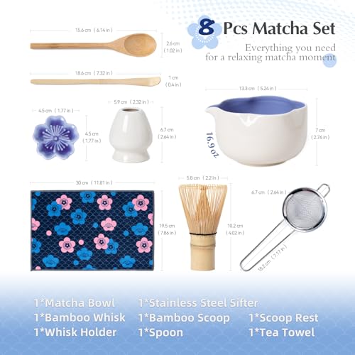 Matcha Set 8Pcs Floral Ceramic Matcha Kit with Matcha Whisk