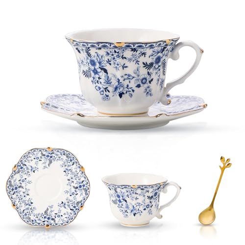 Country Roses Porcelain Tea Cup and Saucer Set with Gold Trim