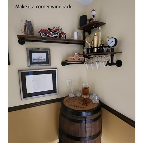 Industrial Pipe Shelves Wine Rack Wall Mounted with 4 Stem Glass Holder