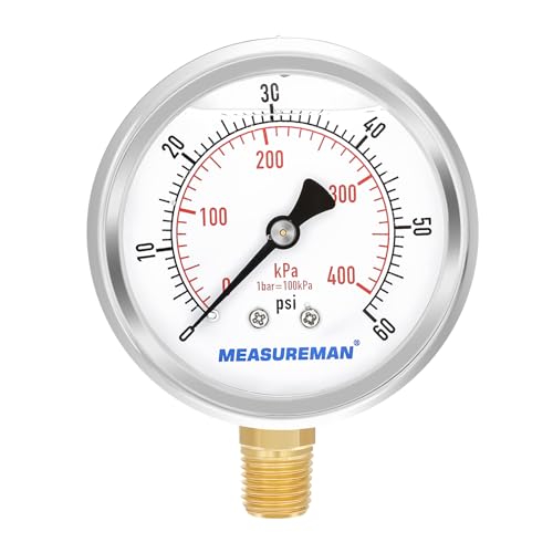 2-1/2inch Dial Size, Liquid Filled Pressure Gauge, 0-60psi/kpa, 304 Stainless Steel Case, 1/4inNPT Lower Mount