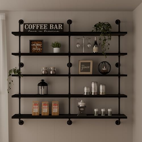 Floating Shelves for Wall Bookshelf Industrial Pipe Shelving Shelves 60 Inch 5 Tier Natural Wood Planks Rustic Wall Shelves Hanging Bookshelves Farmhouse Kitchen Shelving