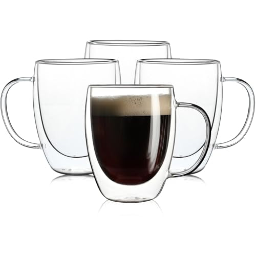 4 Pack Double Walled Glass Coffee Mugs with Handles (2 Count)