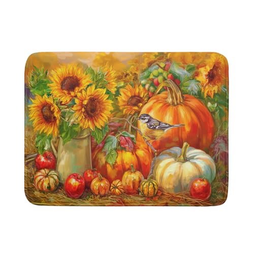Vintage Fall Autumn Dish Drying Mat 18"x24" Large Rustic Pumpkin Sunflower Bird Dish Drainer Mats Thanksgiving Farmhouse Reversible Dish Drying Pad for Kitchen Countertop Dining Room