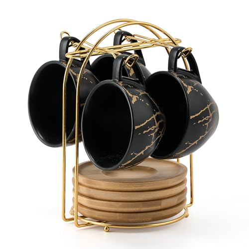 Ceramic Demitasse Espresso Cups Set with Saucers and Metal Stand (4 Count)