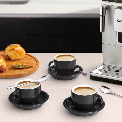 Premium Espresso Shot Cups and Saucers Set with Espresso Stainless Steel Spoons (6 Count)