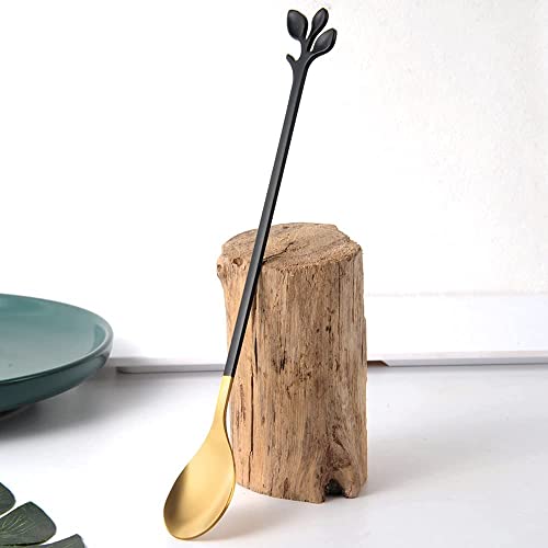6 Piece Elegant Black & Gold Leaf Long Handle Teaspoons (6 Count)