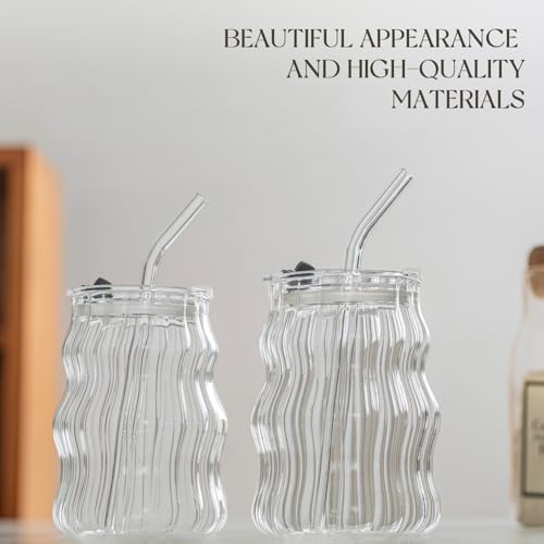 Ribbed Glass Cups with Lids and Straws