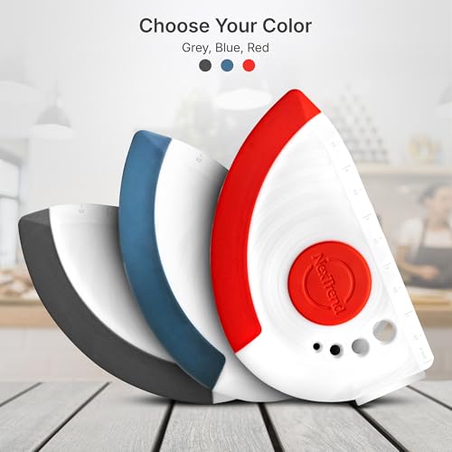 red 5-in-1 flexible dough and bowl scraper with stainless-steel edge and integrated ruler