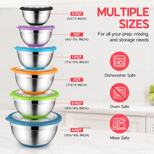 Colorful Mixing Bowl Set of 6 for Kitchen (7.33 Count)