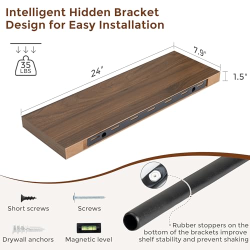 24 Inch Floating Shelves for Wall Walnut Shelves Set of 2 (2 Count)